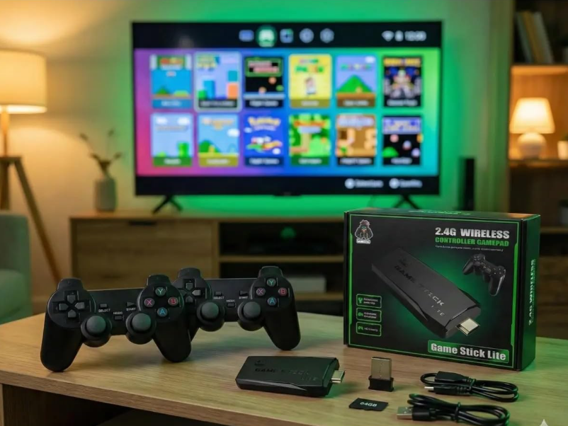 Game Stick 4K Retrô conectado à TV na sala, com dois controles sem fio
